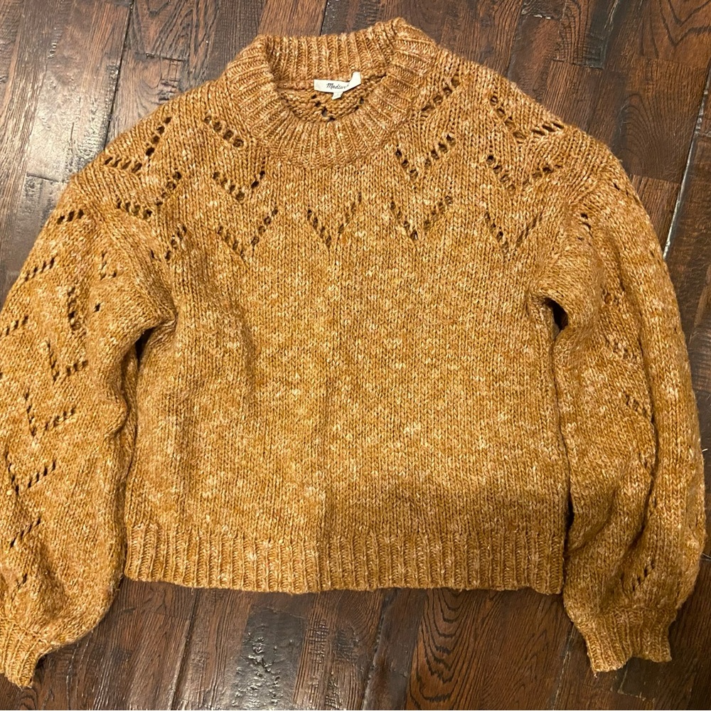 Madewell Tan Crew Neck Sweater with Lace Pattern and Chunky Knit